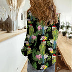 Aussie Santa Budgie Christmas Women Casual Shirt Black Parakeet Tropical Floral