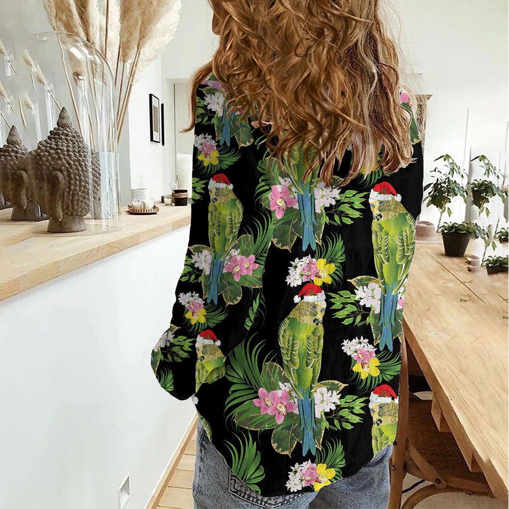 Aussie Santa Budgie Christmas Women Casual Shirt Black Parakeet Tropical Floral