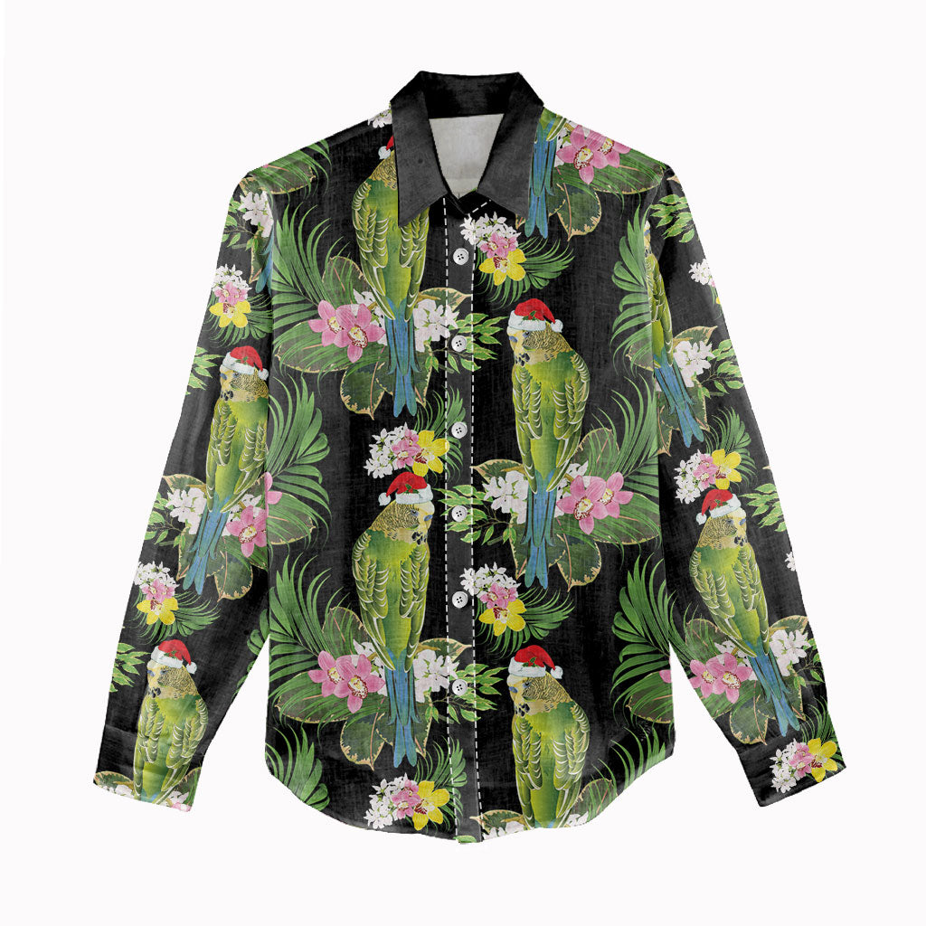 Aussie Santa Budgie Christmas Women Casual Shirt Black Parakeet Tropical Floral
