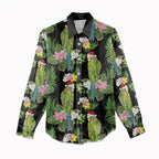 Aussie Santa Budgie Christmas Women Casual Shirt Black Parakeet Tropical Floral