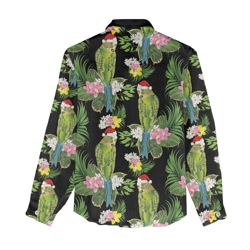 Aussie Santa Budgie Christmas Women Casual Shirt Black Parakeet Tropical Floral