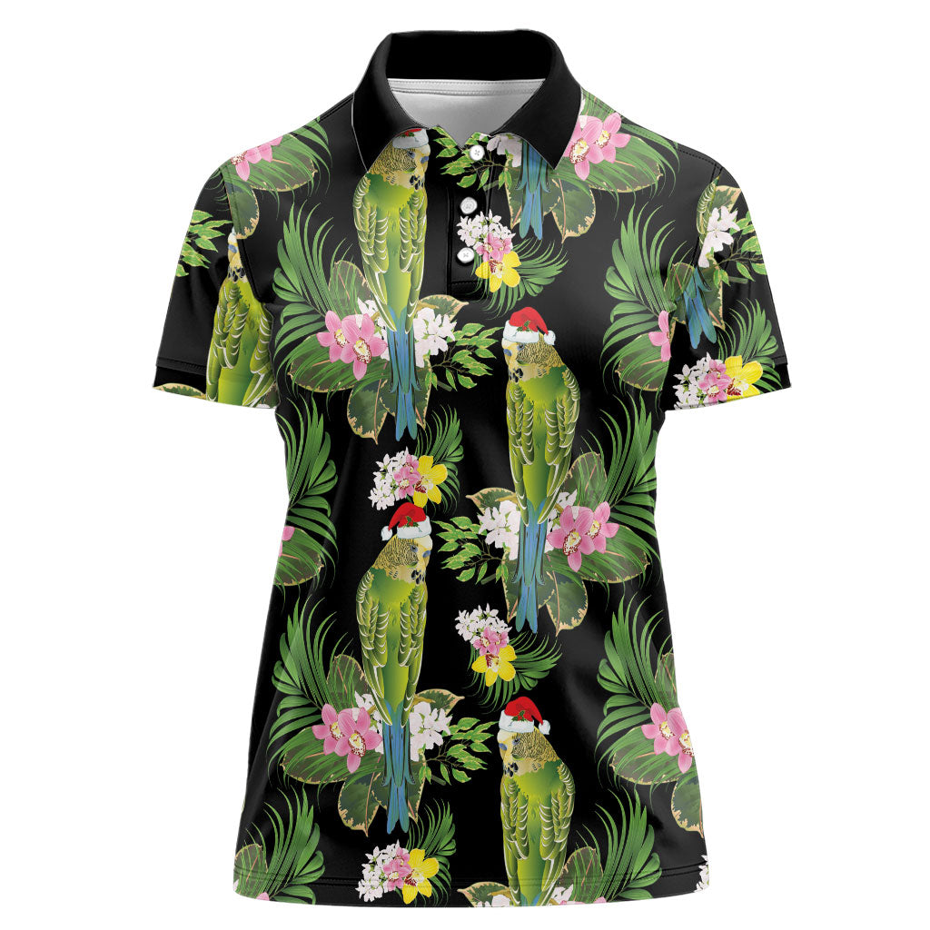 Aussie Santa Budgie Christmas Women Polo Shirt Black Parakeet Tropical Floral