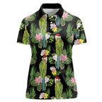 Aussie Santa Budgie Christmas Women Polo Shirt Black Parakeet Tropical Floral
