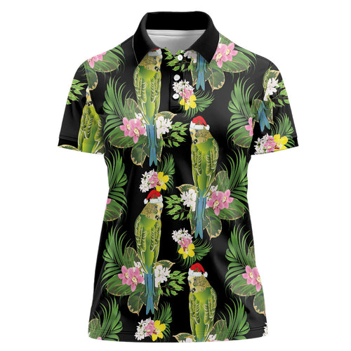 Aussie Santa Budgie Christmas Women Polo Shirt Black Parakeet Tropical Floral