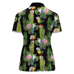 Aussie Santa Budgie Christmas Women Polo Shirt Black Parakeet Tropical Floral
