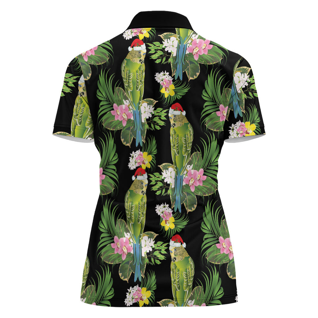 Aussie Santa Budgie Christmas Women Polo Shirt Black Parakeet Tropical Floral
