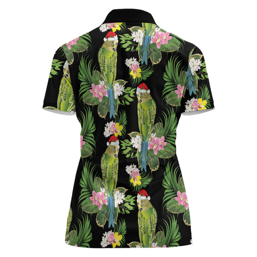 Aussie Santa Budgie Christmas Women Polo Shirt Black Parakeet Tropical Floral