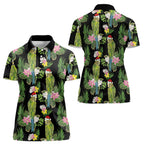 Aussie Santa Budgie Christmas Women Polo Shirt Black Parakeet Tropical Floral