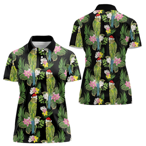 Aussie Santa Budgie Christmas Women Polo Shirt Black Parakeet Tropical Floral