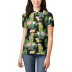 Aussie Santa Budgie Christmas Women Polo Shirt Black Parakeet Tropical Floral