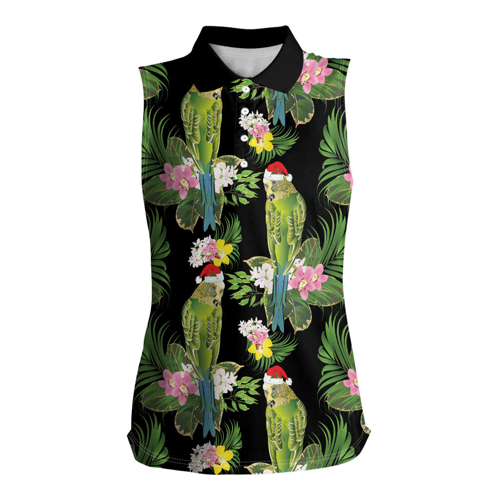 Aussie Santa Budgie Christmas Women Sleeveless Polo Shirt Black Parakeet Tropical Floral