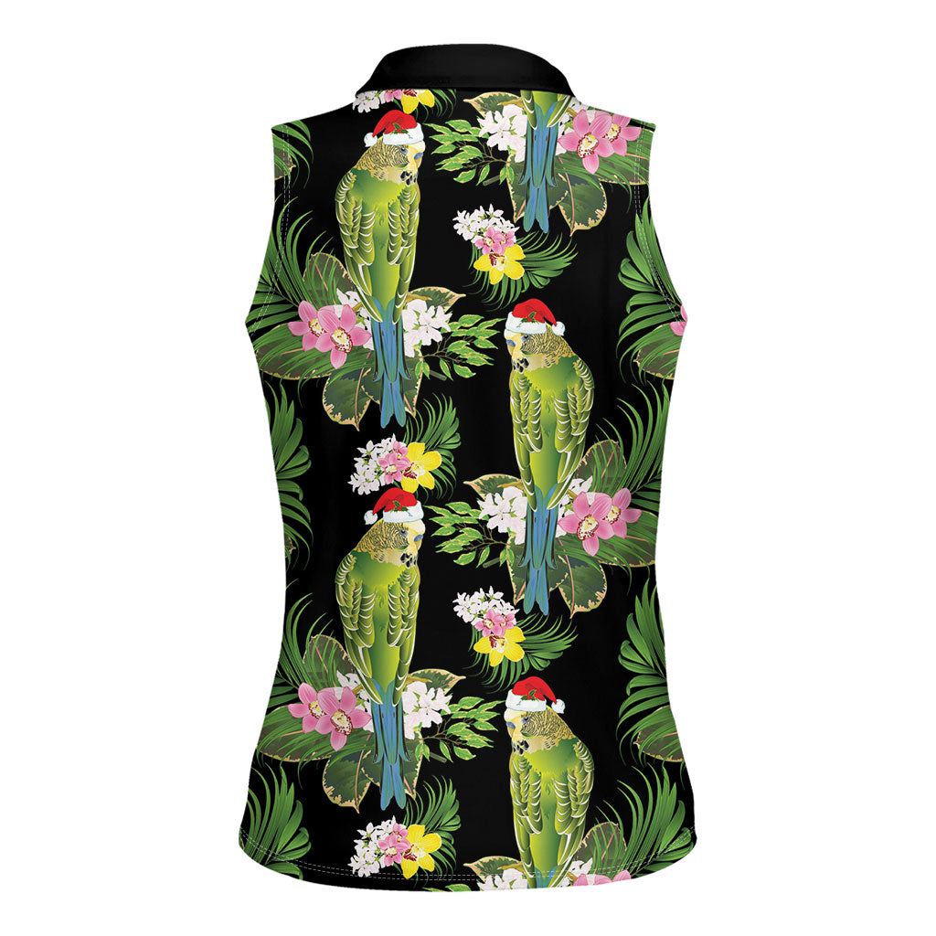 Aussie Santa Budgie Christmas Women Sleeveless Polo Shirt Black Parakeet Tropical Floral