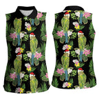 Aussie Santa Budgie Christmas Women Sleeveless Polo Shirt Black Parakeet Tropical Floral