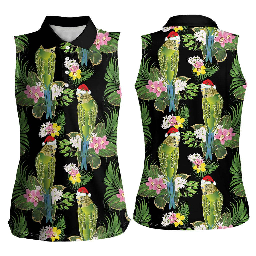 Aussie Santa Budgie Christmas Women Sleeveless Polo Shirt Black Parakeet Tropical Floral