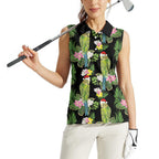 Aussie Santa Budgie Christmas Women Sleeveless Polo Shirt Black Parakeet Tropical Floral