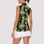 Aussie Santa Budgie Christmas Women Sleeveless Polo Shirt Black Parakeet Tropical Floral