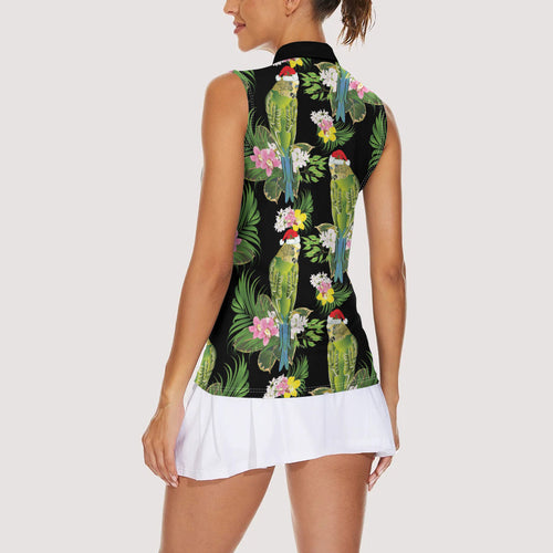 Aussie Santa Budgie Christmas Women Sleeveless Polo Shirt Black Parakeet Tropical Floral