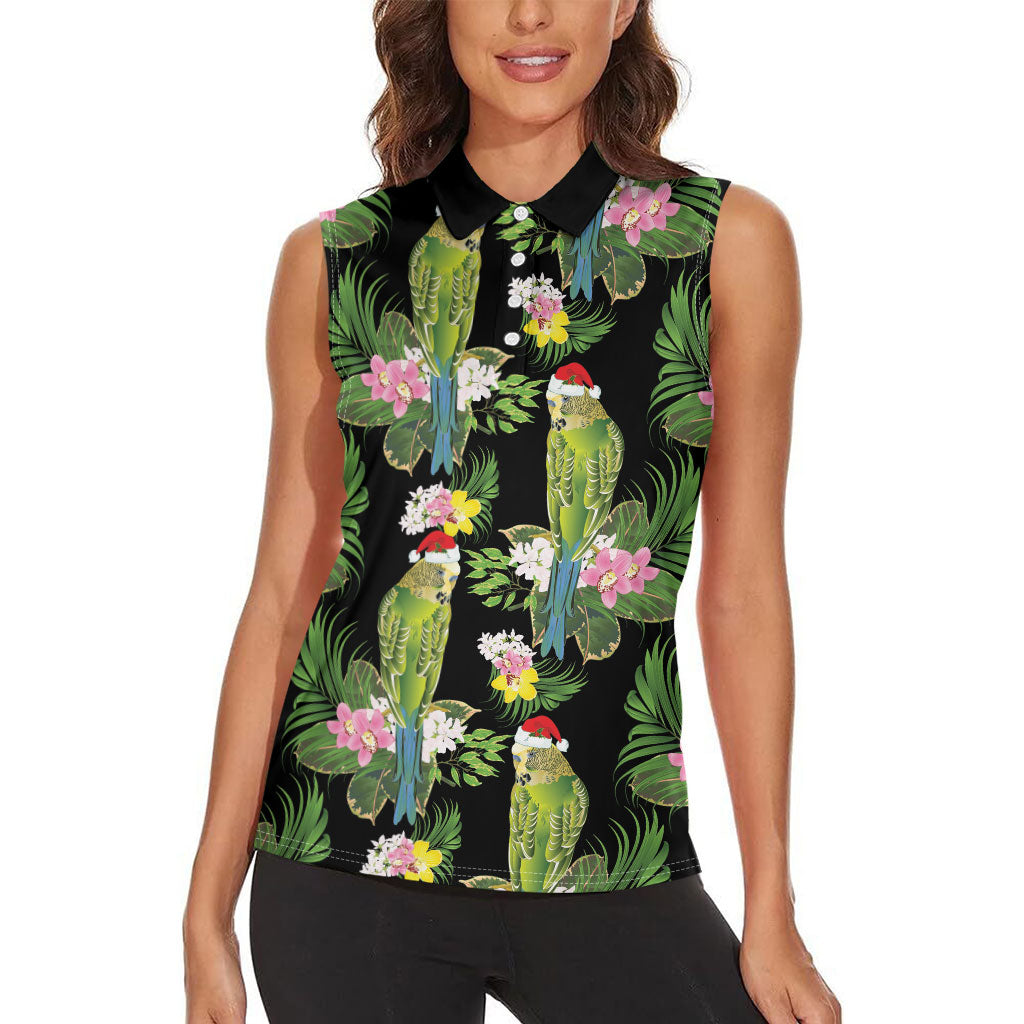 Aussie Santa Budgie Christmas Women Sleeveless Polo Shirt Black Parakeet Tropical Floral