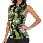 Aussie Santa Budgie Christmas Women Sleeveless Polo Shirt Black Parakeet Tropical Floral