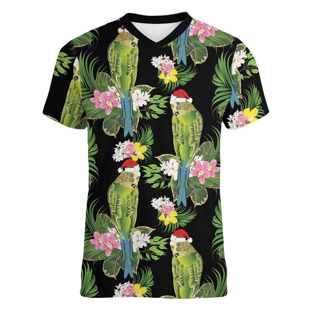 Aussie Santa Budgie Christmas Women V-Neck T-Shirt Black Parakeet Tropical Floral