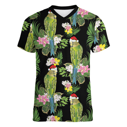 Aussie Santa Budgie Christmas Women V-Neck T-Shirt Black Parakeet Tropical Floral