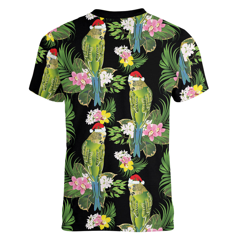 Aussie Santa Budgie Christmas Women V-Neck T-Shirt Black Parakeet Tropical Floral