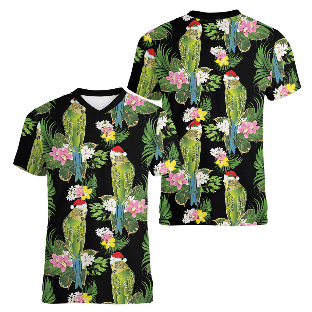 Aussie Santa Budgie Christmas Women V-Neck T-Shirt Black Parakeet Tropical Floral