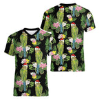 Aussie Santa Budgie Christmas Women V-Neck T-Shirt Black Parakeet Tropical Floral