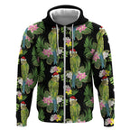 Aussie Santa Budgie Christmas Zip Hoodie Black Parakeet Tropical Floral