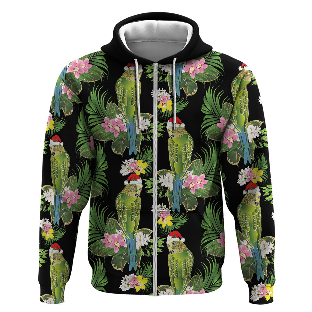 Aussie Santa Budgie Christmas Zip Hoodie Black Parakeet Tropical Floral