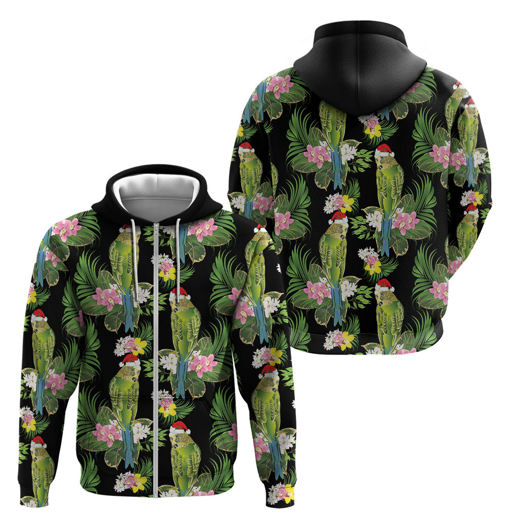 Aussie Santa Budgie Christmas Zip Hoodie Black Parakeet Tropical Floral