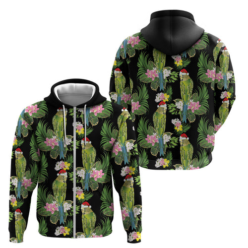 Aussie Santa Budgie Christmas Zip Hoodie Black Parakeet Tropical Floral