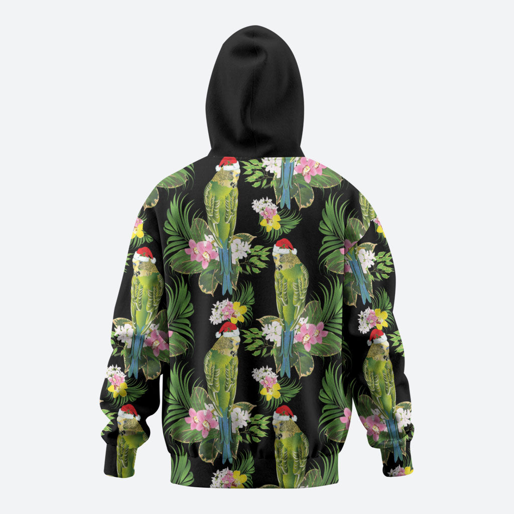 Aussie Santa Budgie Christmas Zip Hoodie Black Parakeet Tropical Floral