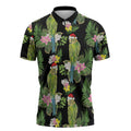 Aussie Santa Budgie Christmas Zipper Polo Shirt Black Parakeet Tropical Floral