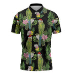 Aussie Santa Budgie Christmas Zipper Polo Shirt Black Parakeet Tropical Floral