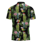 Aussie Santa Budgie Christmas Zipper Polo Shirt Black Parakeet Tropical Floral