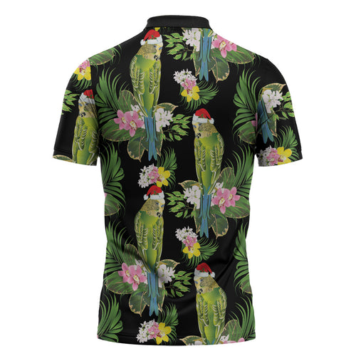 Aussie Santa Budgie Christmas Zipper Polo Shirt Black Parakeet Tropical Floral