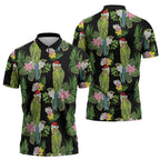 Aussie Santa Budgie Christmas Zipper Polo Shirt Black Parakeet Tropical Floral