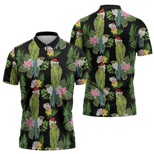 Aussie Santa Budgie Christmas Zipper Polo Shirt Black Parakeet Tropical Floral