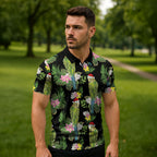 Aussie Santa Budgie Christmas Zipper Polo Shirt Black Parakeet Tropical Floral