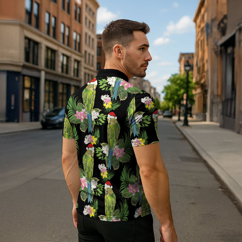 Aussie Santa Budgie Christmas Zipper Polo Shirt Black Parakeet Tropical Floral