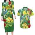 Australia Budgerigars Parakeets Personalised Couples Matching Long Sleeve Bodycon Dress and Hawaiian Shirt Cute Budgies Santa Tropical Flowers