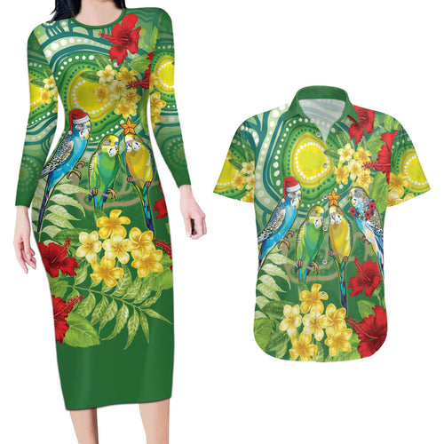 Australia Budgerigars Parakeets Personalised Couples Matching Long Sleeve Bodycon Dress and Hawaiian Shirt Cute Budgies Santa Tropical Flowers