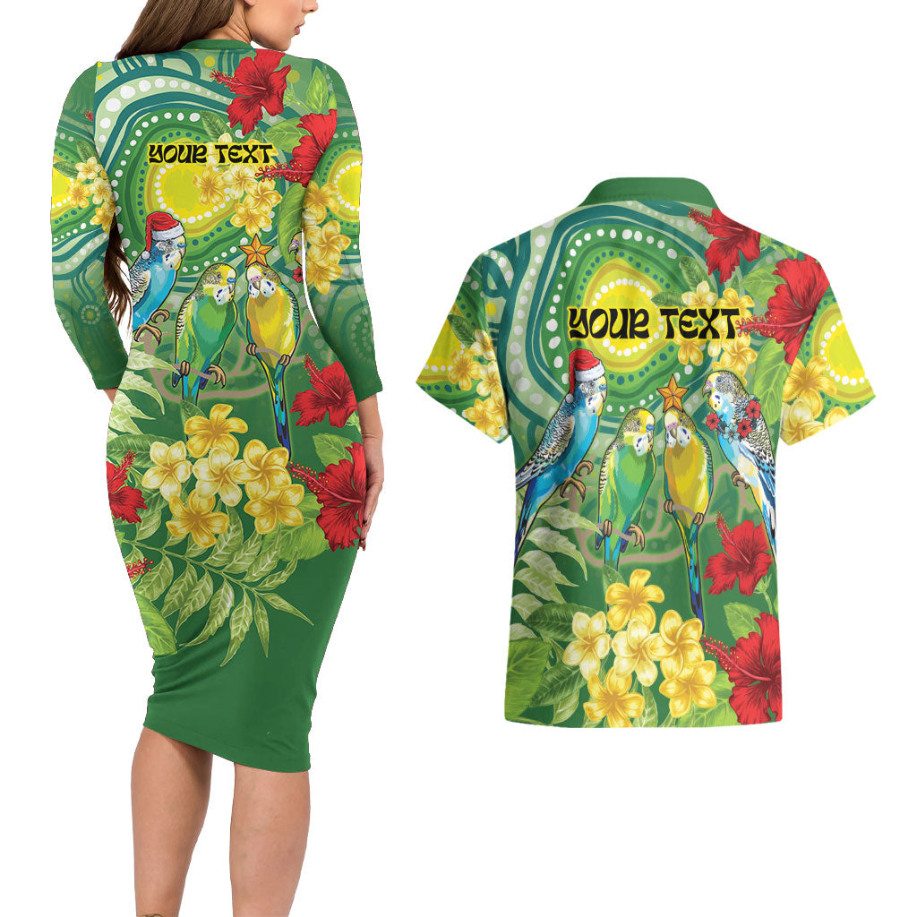Australia Budgerigars Parakeets Personalised Couples Matching Long Sleeve Bodycon Dress and Hawaiian Shirt Cute Budgies Santa Tropical Flowers