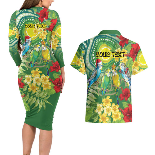 Australia Budgerigars Parakeets Personalised Couples Matching Long Sleeve Bodycon Dress and Hawaiian Shirt Cute Budgies Santa Tropical Flowers