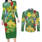 Australia Budgerigars Parakeets Personalised Couples Matching Long Sleeve Bodycon Dress and Long Sleeve Button Shirt Cute Budgies Santa Tropical Flowers