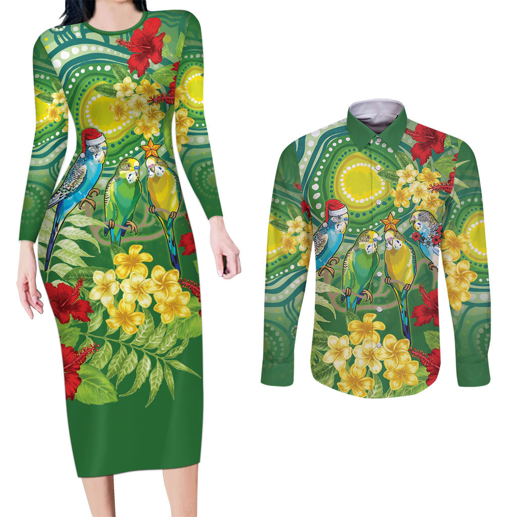 Australia Budgerigars Parakeets Personalised Couples Matching Long Sleeve Bodycon Dress and Long Sleeve Button Shirt Cute Budgies Santa Tropical Flowers