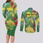Australia Budgerigars Parakeets Personalised Couples Matching Long Sleeve Bodycon Dress and Long Sleeve Button Shirt Cute Budgies Santa Tropical Flowers