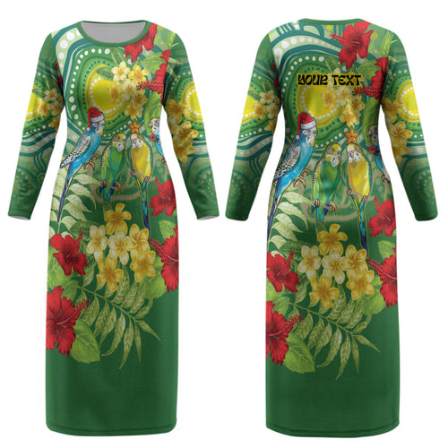 Australia Budgerigars Parakeets Personalised Couples Matching Long Sleeve Bodycon Dress and Long Sleeve Button Shirt Cute Budgies Santa Tropical Flowers LT9