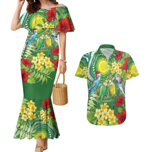 Australia Budgerigars Parakeets Personalised Couples Matching Mermaid Dress and Hawaiian Shirt Cute Budgies Santa Tropical Flowers